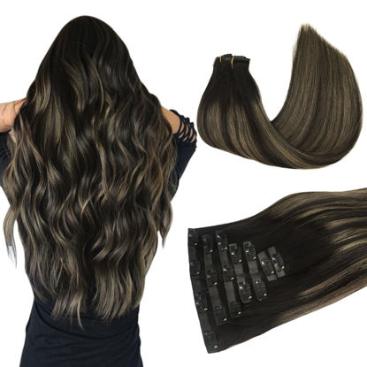 Picture of DOORES Seamless Clip in Hair Extensions Real Human Hair Extensions, Natural Black Mixed Chestnut Brown 110g 16 Inch 7pcs, Invisi Edge Hair Extensions Straight Hair Remy Natural Hair