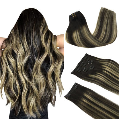 Picture of DOORES Clip in Extensions Human Hair, Balayage Natural Black to Light Blonde 16 Inch 150g 9pcs, Real Hair Extensions Clip in Human Hair Extensions for Women Clip in Straight Natural Hair Extensions