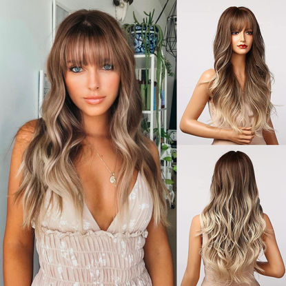 Picture of Honygebia Light Brown Wig with Bangs - Long Ombre Wavy Wigs for White Women, Ash White Synthetic Heat Resistant Hair, Natural Best Wigs for Halloween/Christmas/Cosplay/Party
