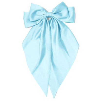 Picture of Big Hair Bows Silky Satin Hair Bows for Women - Sky Blue Long Tail Cute Hair Ribbon Coquette Barrettes for Girls