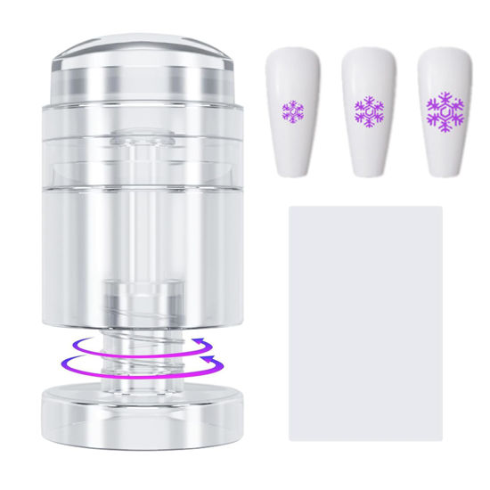 Picture of Upgrade Rotatable Nail Stamper Kit, French Tip Nail Art Stamper with Adjustable Pattern Size, DIY Nail Decor Manicure Home Salon Tool, Clear Silicone Stamping