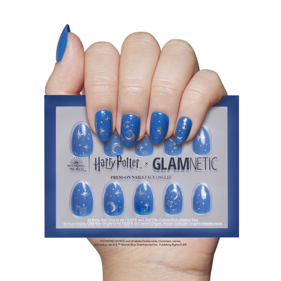 Picture of Harry Potter™ x Glamnetic Press On Nails - Luna Lovegood™ | Blue Celestial 3D Graphic Short Oval False Nails, Reusable Stick On Fake Nails with Glue | Salon Quality | 15 Sizes - 30 Nail Kit
