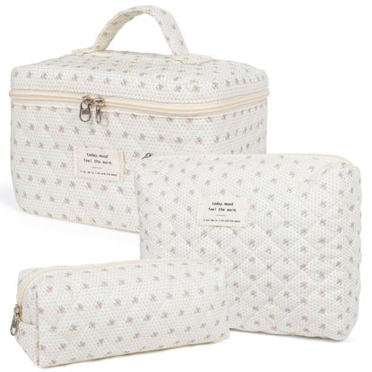 Picture of Makeup Bag,Quilted Cosmetic Bag,Large Floral Make Up Bag for Women,Cotton Makeup Bag Set,Flower Travel Toiletry Bag