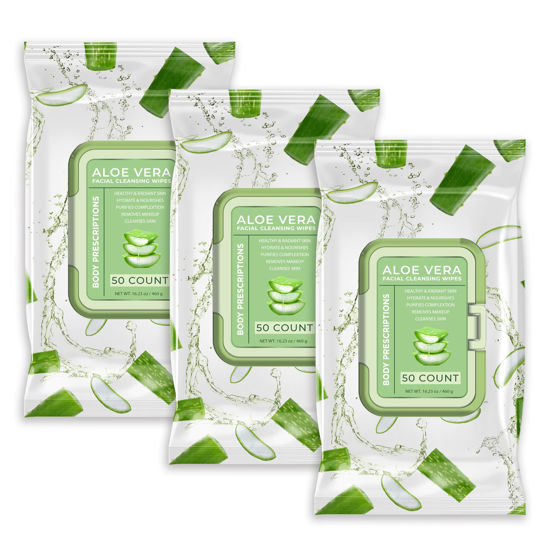 Picture of Body Prescription Makeup Cleansing Wipes - Gentle and Effective Face Wipes, 50 Count (Pack of 3), Aloe Vera