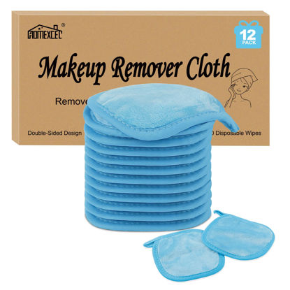 Picture of HOMEXCEL Makeup Remover Cloth 12 Count (Pack of 1), Reusable Makeup Remover Pads, Washable Ultra Soft Facial Cleansing Cloths For All Skin Types, 5 X 5 In, Blue