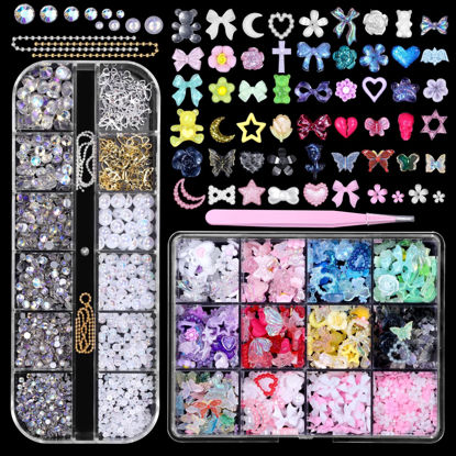 Picture of 3D Nail Charms Set, Color Blossom Flower Bow Moon Heart Star Nail Art Charms, Half Round Pearl & Flatback Gems AB, Hollow Butterfly Alloy Nail Art Supplies DIY Accessories