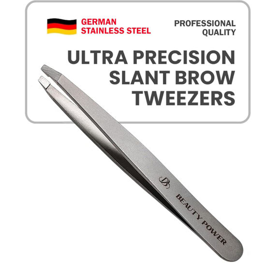 Picture of Beauty Power Professional Tweezers - Slant, Durable Lightweight German Stainless Steel, Ultra Precision Tweezers for Eyebrows, Facial Hair, Chin, and Ingrown Hair Removal - Gift (Matte Grey)