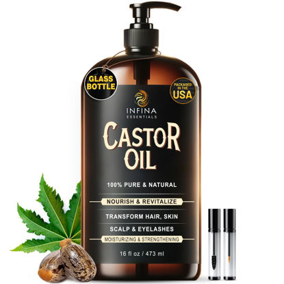 Picture of INFINA ESSENTIALS Pure Cold Pressed Castor Oil - Hexane Free, Glass Bottle for Hair Growth, Face, Scalp, Skin & Eyelashes - Nourishing and Moisturizing - 16 fl oz