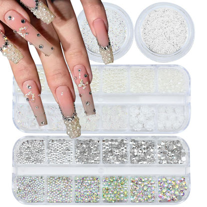 Picture of 4 Boxes Nail Rhinestones and Pearls Nail Charms, 11000 PCS Crystals Nail Gems and Rhinestones for Nails, Nail Jewels Nail Art Supplies Luxurious Nail Accessories for Women Nail Decorations