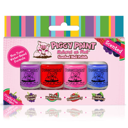 Picture of PIGGY PAINT 100% Non-toxic Girls Nail Polish - Safe, Chemical Free Low Odor for Kids, SCENTED 4 Polish Set