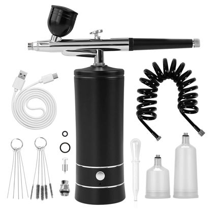 Picture of Airbrush-Kit Air Brush Kit With Air Compressor Nail Charms Wireless Air Brush for Barber, Nail Art, Cake Decor, Makeup, Model Painting (Black - with extension tube)