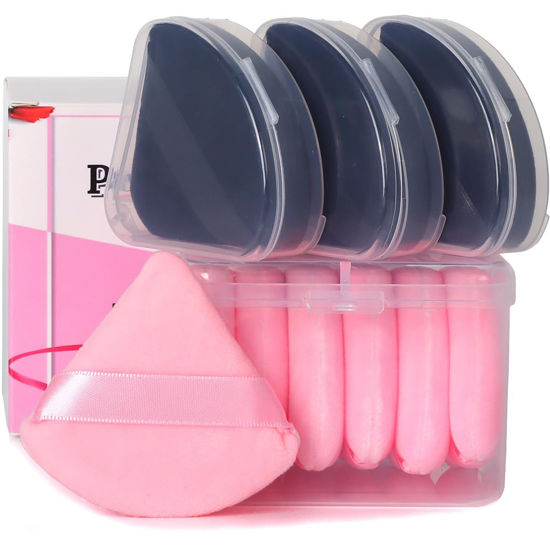 Picture of Ocim 10Pcs Triangle Powder Puffs for Face Powder,Soft Velour Makeup Setting Powder Puff with Case,Black&Pink