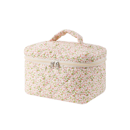 Picture of uekeboag Large Travel Quilted Makeup Bag for Women, Floral Cotton Cosmetic Bag, Coquette Aesthetic Floral Toiletry Organizer Bag(Little Pink Flower