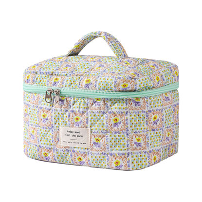Picture of uekeboag Large Travel Quilted Makeup Bag for Women, Floral Cotton Cosmetic Bag, Coquette Aesthetic Floral Toiletry Organizer Bag (04Yellow-Flower)