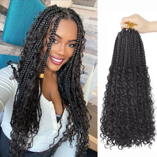 Picture of Goddess Box Braids Crochet Hair With Curly Ends 16 Inch Bohomian Box Braids Crochet Braids 8 Packs 3X Crochet Braids Synthetic Braiding Hair Extension for Black Women(16 Inch (Pack of 8), 1B)…