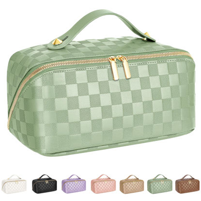 Picture of ALEXTINA Travel Makeup Bag, Vegan Leather Large Capacity Cosmetic Bags for Women,Waterproof Portable Pouch Open Flat Toiletry Bag Makeup Bag Organizer with Fixed Divider, Green