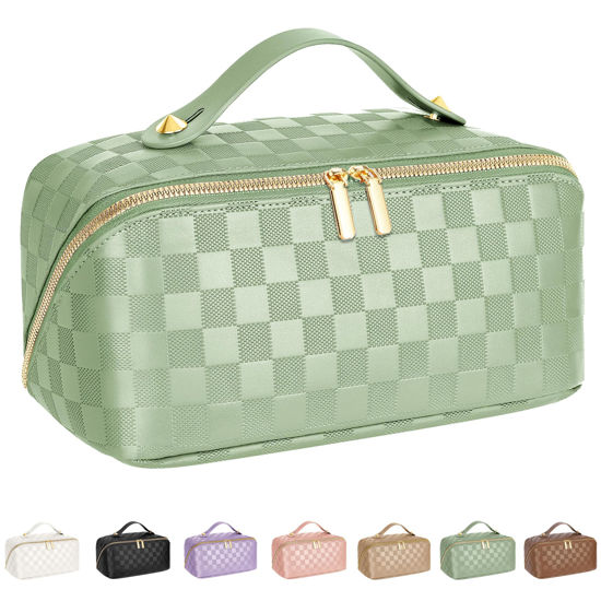 Picture of ALEXTINA Travel Makeup Bag, Vegan Leather Large Capacity Cosmetic Bags for Women,Waterproof Portable Pouch Open Flat Toiletry Bag Makeup Bag Organizer with Fixed Divider, Green