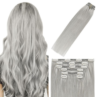 Picture of WindTouch Clip In Hair Extensions Remy Human Hair 70g 15Inch 7PCS per pack Straight Gray Hair Extensions