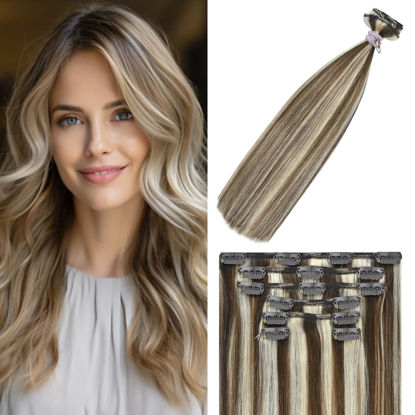 Picture of WindTouch Clip in Hair Extensions Human Hair Extensions #4P613 Medium Brown to Blonde Highlights 22Inch 70g 7PCS Clip in Hair Extensions Real Human Hair