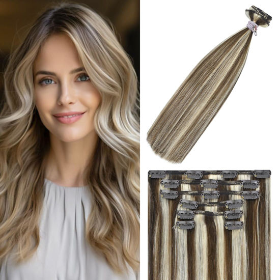 Picture of WindTouch Clip in Hair Extensions Human Hair Extensions #4P613 Medium Brown to Blonde Highlights 22Inch 70g 7PCS Clip in Hair Extensions Real Human Hair