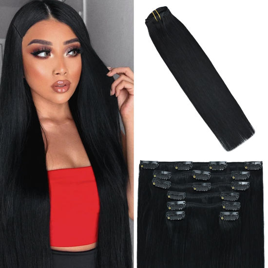 Picture of WindTouch Clip in Hair Extensions 85g Human Hair Extensions Black Hair Extensions Clip Ins 7pcs 18inch Jet Black Real Hair Extensions Clip in Human Hair