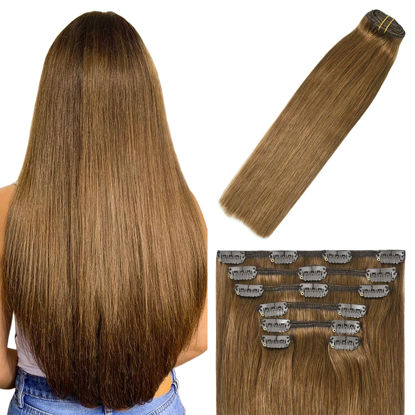 Picture of WindTouch Clip in Hair Extensions Brown Hair Extensions 12Inch Hair Extensions 70g 7PCS Human Hair Extensions #6 Medium Light Brown Clip in Hair Extensions Real Human hair