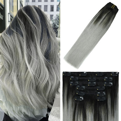 Picture of WindTouch Clip in Hair Extensions Human Hair Extensions 7pcs 15 inch Hair Extensions Real Human Hair Clip Ins Natural Black Fading to Gray Hair Extensions