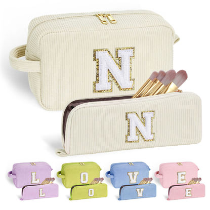 Picture of YOOLIFE Monogram Makeup Bag Cute Gifts - Gifts for Women Her Travel Bag Makeup Bag Organizer Makeup Bags for Women Make Up Bag Teen Girl Gifts Unique Wife Friend Bridesmaid Proposal Gifts Letter N
