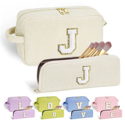 Picture of YOOLIFE Teen Girl Gifts Trendy Stuff - Travel Makeup Bag Makeup Bags for Women Cosmetic Bag with Brush Pouch Cute Makeup Bag Personalized Sister Daughter Girlfriend Gifts for Women Her White Letter J