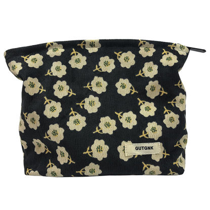 Picture of GUTGNK Corduroy Ladies Cosmetic Bag, Large Capacity Canvas Cosmetic Bag Travel Toiletry Bag Accessories Organizer, Black Plum