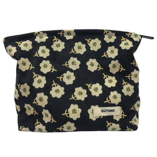 Picture of GUTGNK Corduroy Ladies Cosmetic Bag, Large Capacity Canvas Cosmetic Bag Travel Toiletry Bag Accessories Organizer, Black Plum