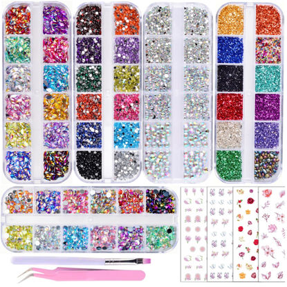 Picture of editTime 5 Boxes Shiny Colorful Nail Art Rhinestones Kit 3D Flatback Horse Eye Rhinestones Irregular Nail Stone and 4 Sheets Flower Nail Stickers with a Curved Tweezers and a Nail Brush (multicolor)
