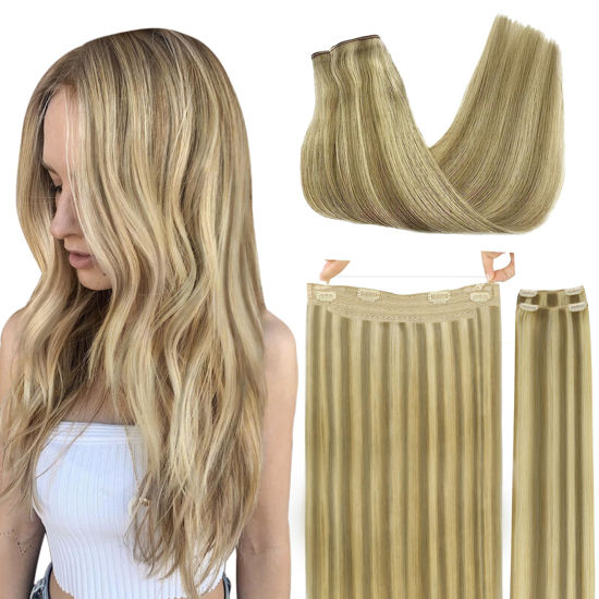 Picture of GOO GOO Wire Hair Extensions Real Human Hair, 12inch 100g Light Blonde Highlighted Blonde, Invisible Wire Hair Extensions with Transparent, Seamless Fish Line Hairpiece, Straight Remy Hair Extensions