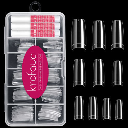 Picture of 100PCS Clear False Nails Tips and Nail Gule Kit, krofaue Half Cover Lady French Style Acrylic Artificial Tips 3Pcs Nail Glue for Nail Extension kit Nail Tips Art Salons and Home DIY