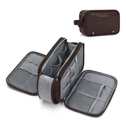 Picture of Wedama Toiletry Bag for Men, Medium Hanging Travel Toiletry Bag, Extra Electronic Organizer Bag Waterproof Travel Bag for Toiletries, PU Handle Travel Bag for Travel Trips Swim Camping, Brown