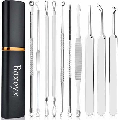Picture of Pimple Popper Tool Kit - Boxoyx 10 Pcs Blackhead Remover Comedone Extractor Kit with Metal Case for Quick and Easy Removal of Pimples, Blackheads, Zit Removing, Forehead,Facial and Nose(Silver)