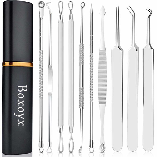 Picture of Pimple Popper Tool Kit - Boxoyx 10 Pcs Blackhead Remover Comedone Extractor Kit with Metal Case for Quick and Easy Removal of Pimples, Blackheads, Zit Removing, Forehead,Facial and Nose(Silver)