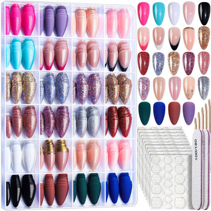 Picture of FANDAMEI Press on Nails, 24 Colors 576PCS Press on Nails Almond, Matte Glossy Press on Nails Short Almond, Glitter Fake Nails, Press on Nails French Tip Natural, Press on Nails for Nail Art