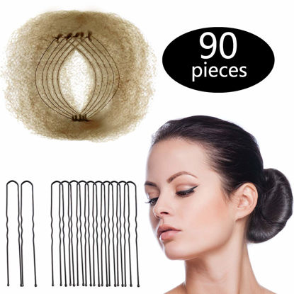 Picture of Zonon Bun Hair Nets Invisible Elastic Edge Mesh and U Shaped Pins Set, 50Pcs Individual Package Invisible Hair Nets, 40Pcs U Shaped Pins for Ballet Bun, Sleeping, Women and Wig (Light Linen)