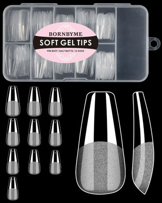 Picture of Soft Gel Nail Tips Medium Coffin, 120PCS Pre Buff Full Cover Nail Extenison Tips Half Matte Gel X Nail Tips BORNBYME