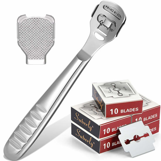 Picture of 52 Pieces Callus Shaver Set, 50 Replacement Slices Blades 1 Stainless Steel Callus Shaver and 1 Foot File Head Foot Care Tools Hard Dry Skin Remover for Hand Feet