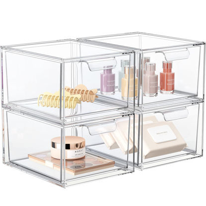 Picture of SpaceHacks 4 Pack Stackable Makeup Organizer and Storage, Acrylic Organizers，Clear Plastic Storage Drawer with Handles for Vanity, Undersink, Kitchen Cabinets, Pantry