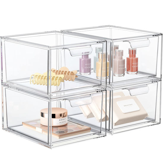 Picture of SpaceHacks 4 Pack Stackable Makeup Organizer and Storage, Acrylic Organizers，Clear Plastic Storage Drawer with Handles for Vanity, Undersink, Kitchen Cabinets, Pantry