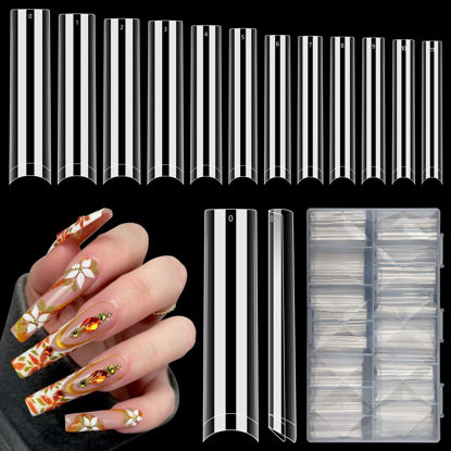Picture of 504Pcs Clear No C Curve Nail Tips for Acrylic Nails Professional, 3XL Extra Long Tapered Square Straight Acrylic Nail Tips, Half Cover No Crease Nail Extension False Nails for DIY Nail Art 12 Sizes