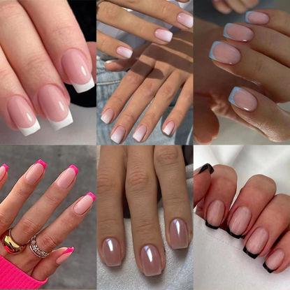 Picture of 6 Packs 144Pcs French Tip Press on Nails Short, Jsiallye Short Square Fake Nails Glue on Nails Kits with Adhesive Tabs Nail File for Women Press on Nails