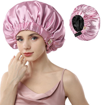 Picture of Years Calm Silk Bonnet for Sleeping Women, Double Layer Satin, Ajustable Elasticity Band， Hair Satin Bonnet for Sleeping - Sleep Shower Caps (Pink, One Size)