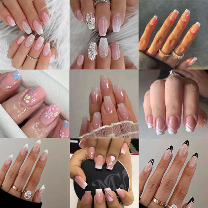 Picture of 9 Packs (216 Pcs) Press on Nails, Jsiallye Pink Gradient Press on Nails Square Coffin, Pearl French Press on Nails Almond, Glue on Nails for Girl Nail Art, 12 Size of Fake Nails - 9 Styles Nail Kits