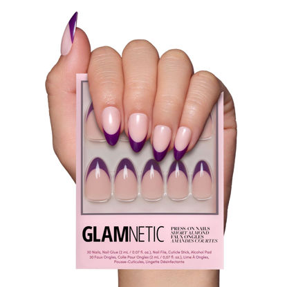Picture of Glamnetic Press On Nails - Plum | Semi-Transparent Dark Plum Purple French Tip Short Almond False Nails, Reusable Stick On Fake Nails with Glue | Salon Quality | 15 Sizes - 30 Nail Kit