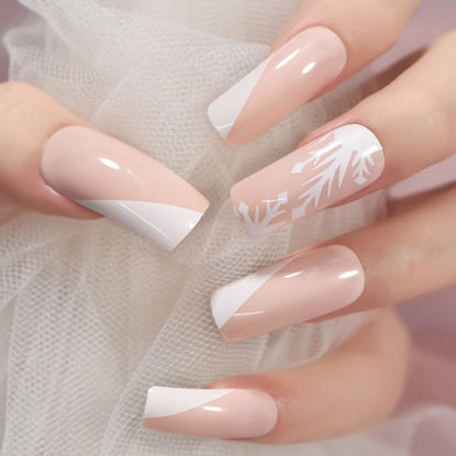 Picture of Coolnail Xmas Nude Pink White Snowflake Design Glossy Press on Nails Medium Long Square False Nails Salon Manicure Reusable Fake Nail for Women