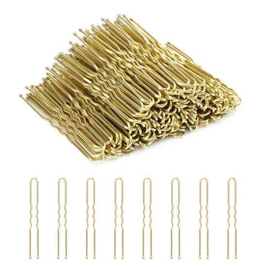 Picture of Cehony U Shaped Hair Pins, 200 Count for Women Lady Girls Bobby Pins French Historical Hair Pin Hair Styling Pins Hair Accessories, Blonde, 2.4 Inch